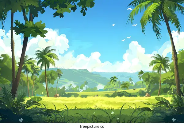 Tropical Landscape With Palm Trees And Green Grass