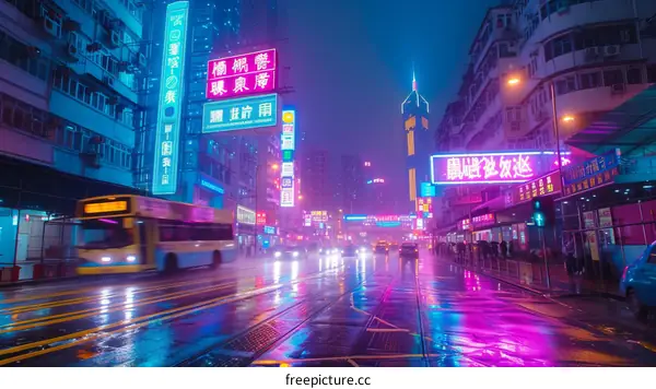 A wet and rainy night in Hong Kong with a bus passing through the intersection.