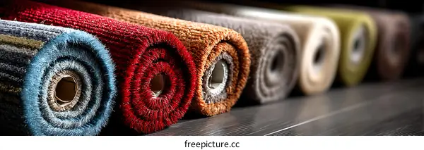 Rolled-Up Carpets in Various Colors and Textures