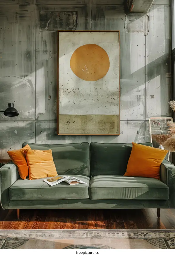 Modern Living Room with Green Sofa and Sun Painting