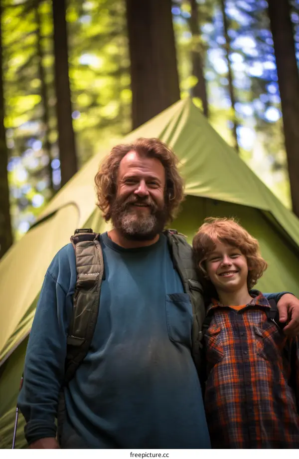 Happy family camping in the woods