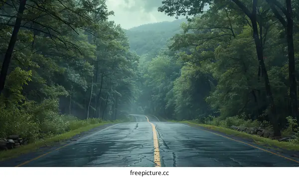Rainy Road Through Lush Forest