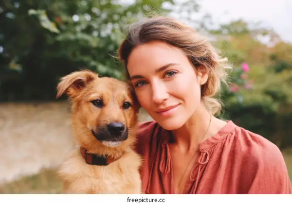 Woman and Puppy Outdoors Affectionate Portrait