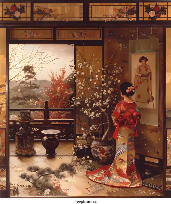 A Japanese woman standing in a traditional Japanese room looking at a cherry blossom tree
