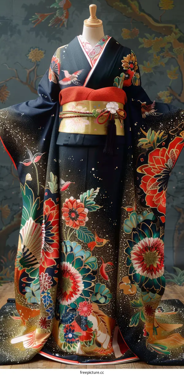 A woman wearing a kimono with a floral pattern