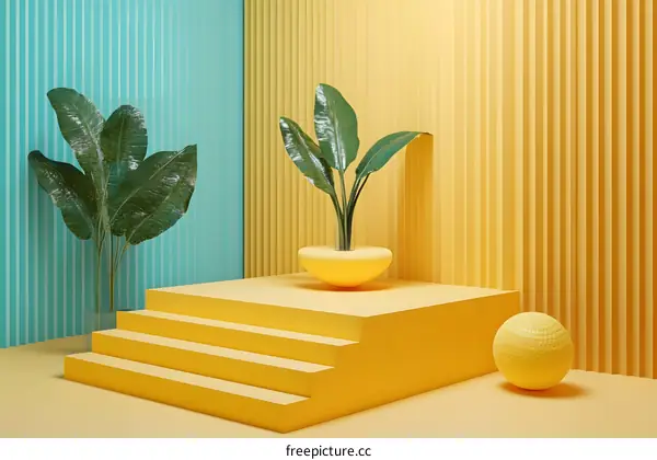 Yellow and Green Minimalist Background With  Plant