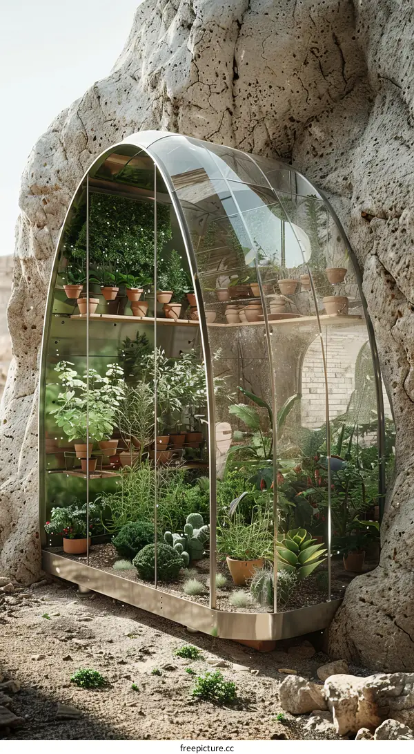 Modern Glass Greenhouse with Lush Greenery