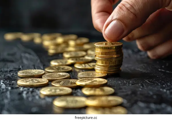 A hand stacking a pile of gold coins