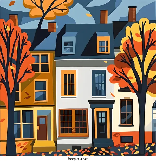 Autumn Row Houses With Orange And Yellow Leaves