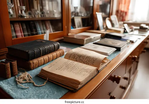 Antique Books on Wooden Table in Library