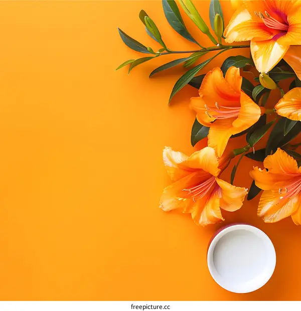 Orange Lilies and Green Leaves on Orange Background