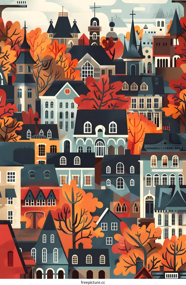 Autumn Cityscape Illustration With Colorful Buildings And Trees