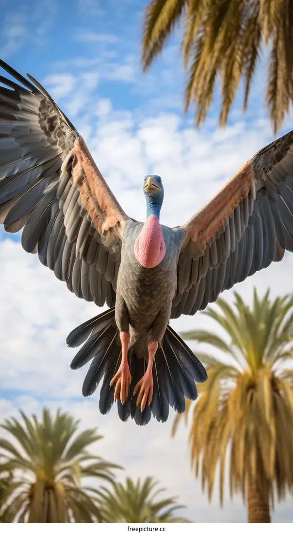 A pink-necked vulture soars above the palm trees
