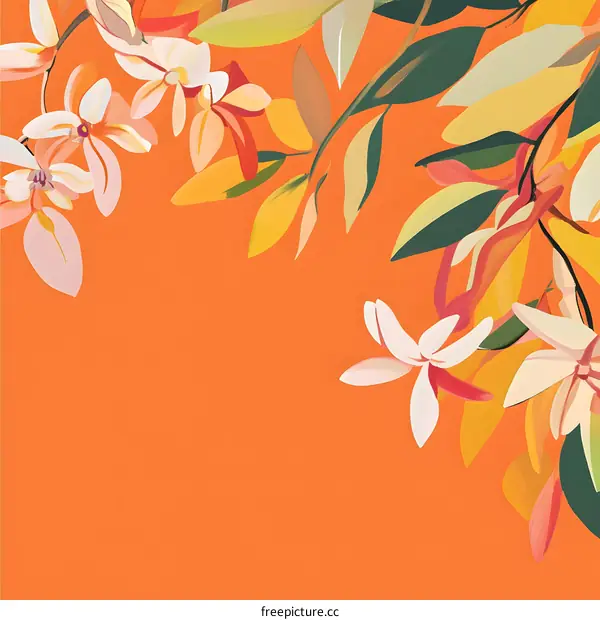 Orange Background With Flowers and Leaves