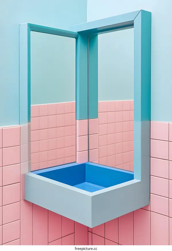 Blue and Pink Tiled Bathroom with Corner Sink and Mirror