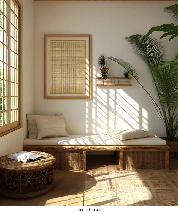 Minimalist Interior Design With Wooden Bench and Rattan Furniture