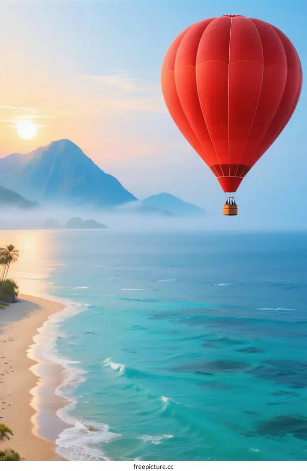Red Hot Air Balloon Floating Over Turquoise Ocean and Mountainous Coast