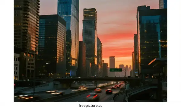 Sunset over modern city with tall buildings and traffic