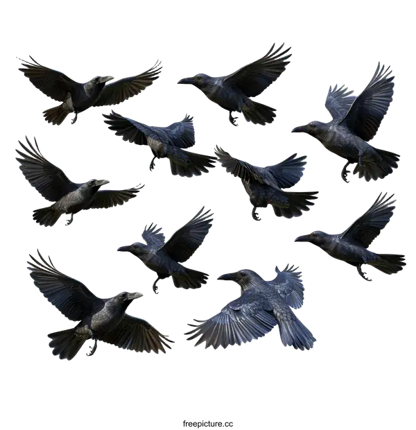 [Transparent Background PNG]A Flock of Crows in Flight