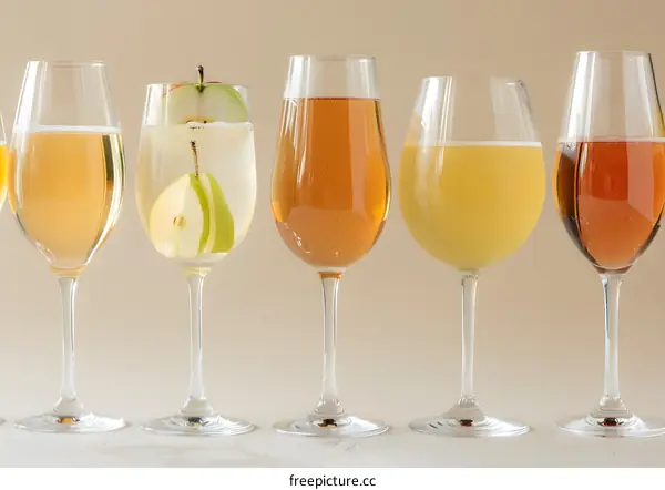 Five Glasses of Apple Cider With Different Flavors