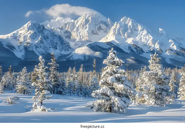 Snow-covered mountain peaks and trees