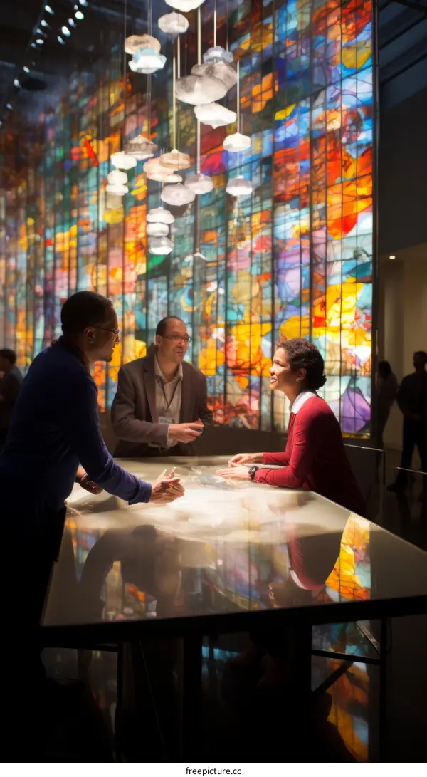People looking at a stained glass wall