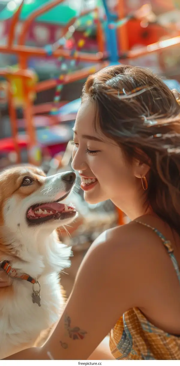 Smiling woman sitting beside a dog