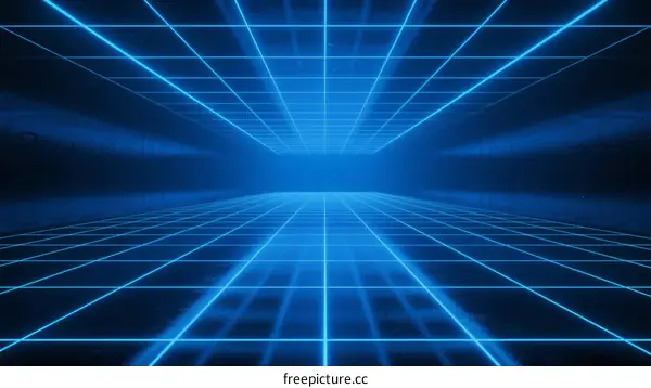 Neon Grid Tunnel with Blue Light Rays and Futuristic Perspective