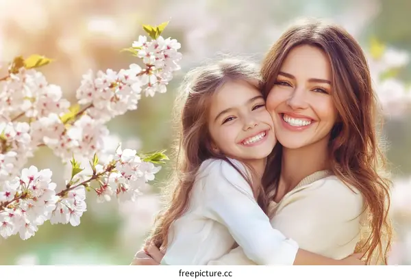 Mother and Daughter Embrace in Spring Blossom