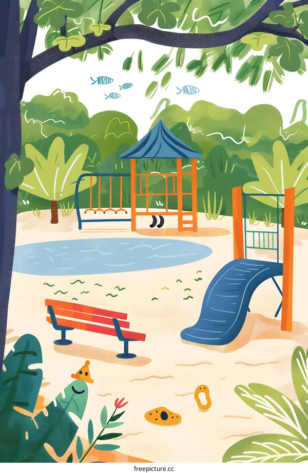 Summer Playground Illustration with Sandbox, Slide, and Pond