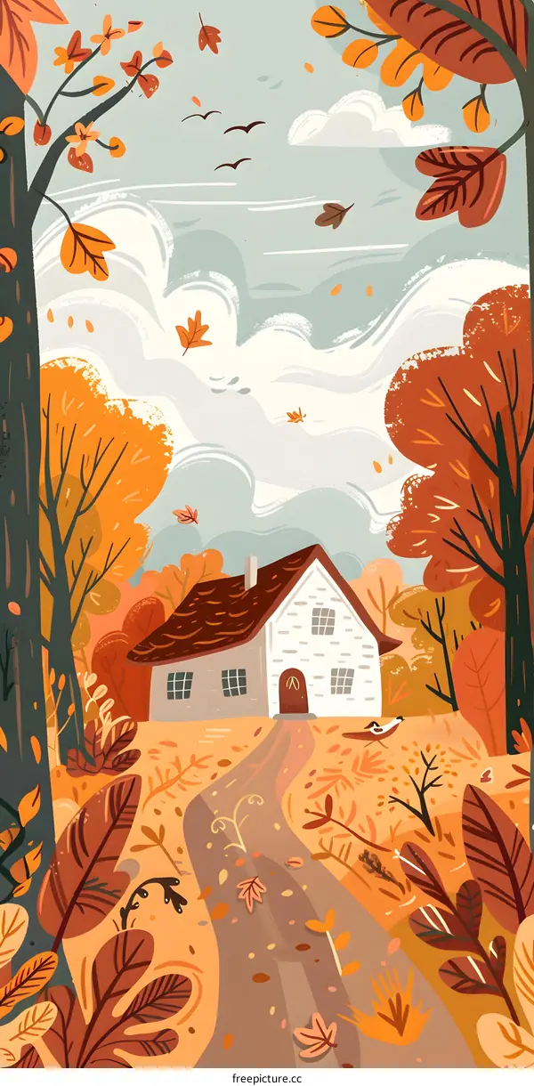 Autumn House Landscape with Trees and Leaves Falling