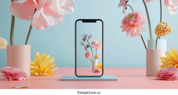 Mobile Phone With Flower Wallpaper On Blue Background