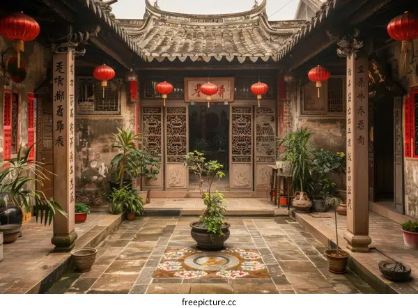 Traditional Chinese Courtyard with Red Lanterns and Tile Roof