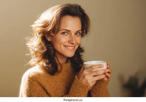 Smiling Woman Drinking Coffee in a Cozy Sweater
