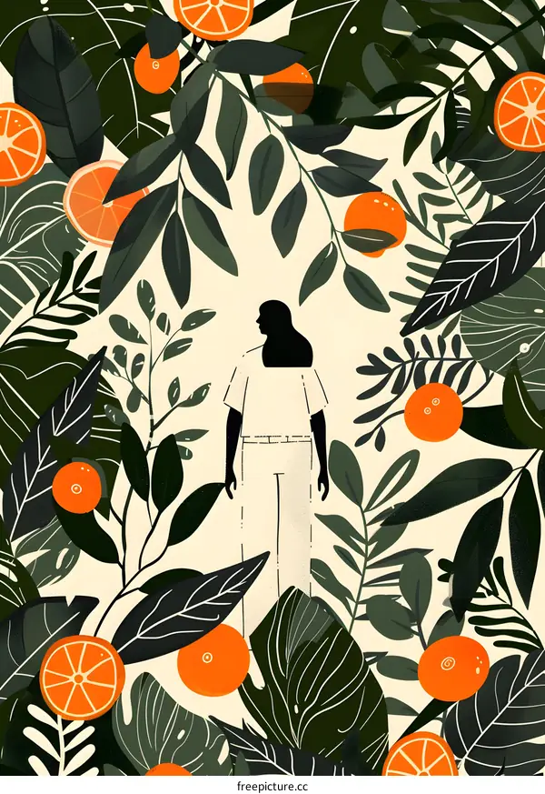 Woman Standing in a Tropical Forest Illustration