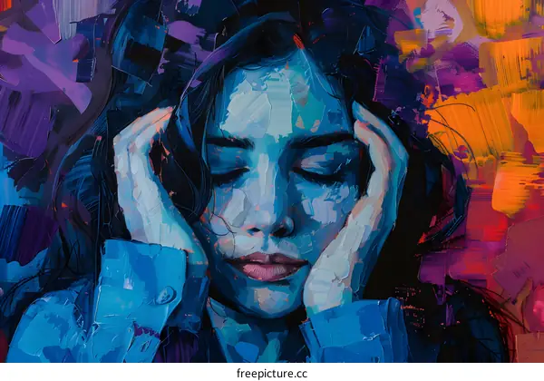 Portrait of a young woman with blue hair and blue skin