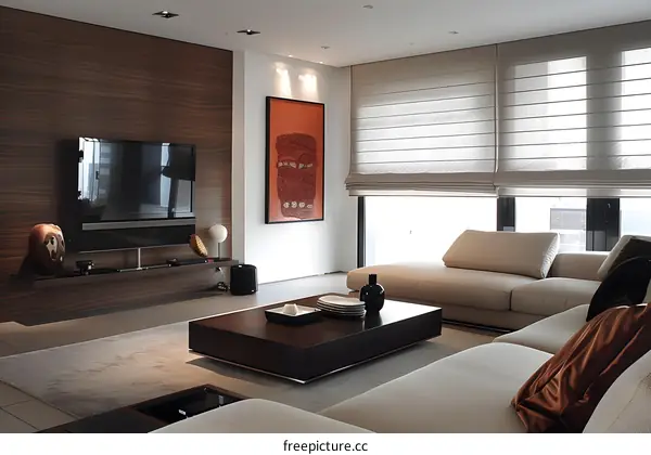 Modern Living Room Interior Design with White Sofa and Wooden Wall