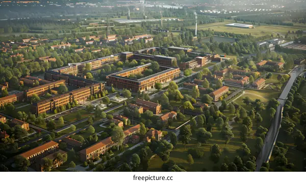 Aerial view of a sprawling campus at sunset