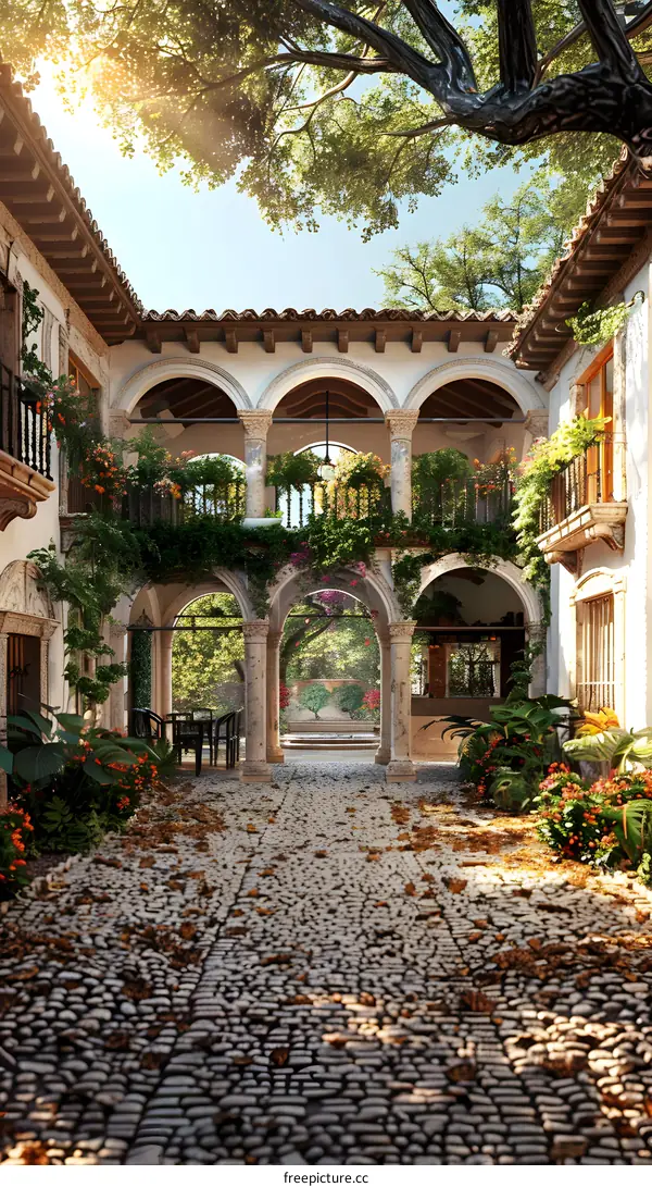 Sunlit Courtyard With Cobblestone Path