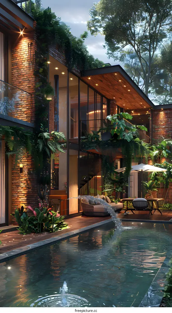 A modern house with a pool and a garden