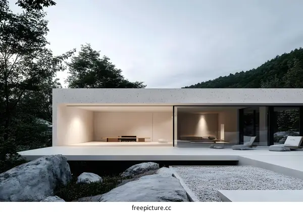 Modern Minimalist House with Large Windows and Stone Patio