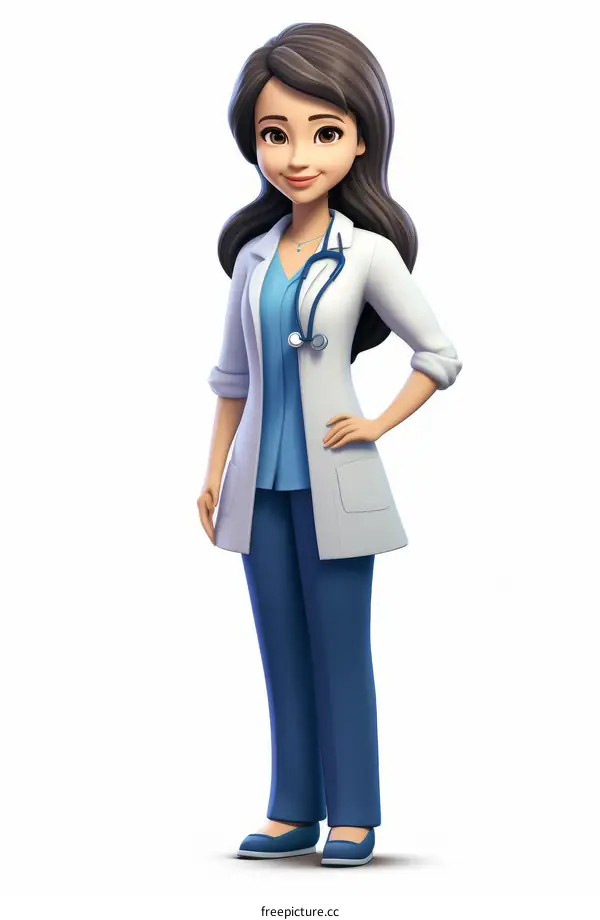 A female doctor wearing a white lab coat with stethoscope around her neck