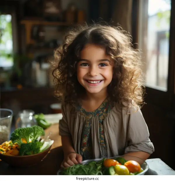 Portrait of a smiling girl with curly hair sitting at a table with healthy food