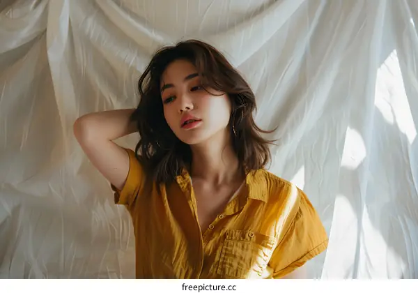 Young Asian Woman in a Yellow Shirt Posing Against White Curtain