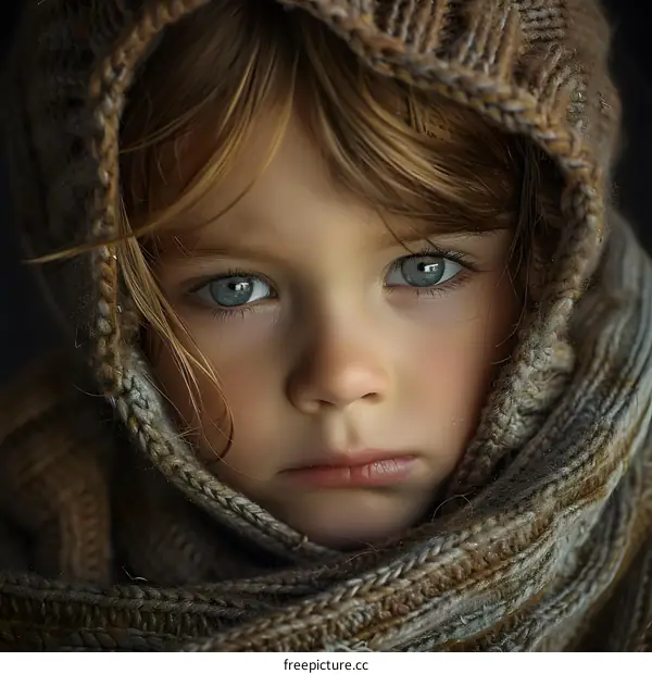 Little girl with blue eyes wearing a brown scarf