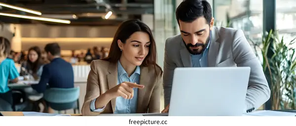 Two Business Professionals Working on a Laptop in a Modern Office Setting