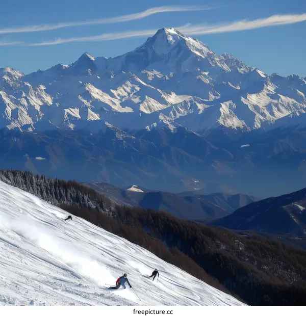 Three skiers are skiing down a snow covered mountainside with a large snow capped mountain in the distance