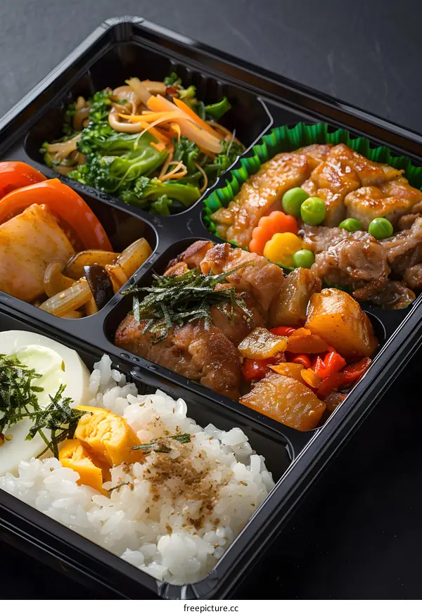 Japanese Lunch Box with Rice, Meat and Vegetables