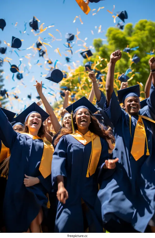 Diverse group of college graduates throwing their caps in the air
