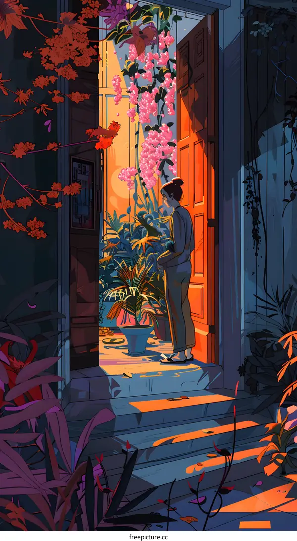 Woman Standing at Doorway with Plants